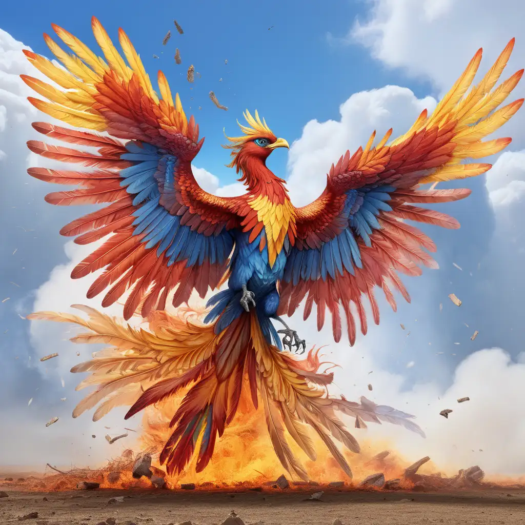 Red, orange and yellow pheonix rising into the clouds from the ashes of a field. There are clouds in the air and lots of debris flying around. The body of the bird is blue only the outside feathers are the red colors. The birds wings are fully spread. It's eyes are piercing blue.