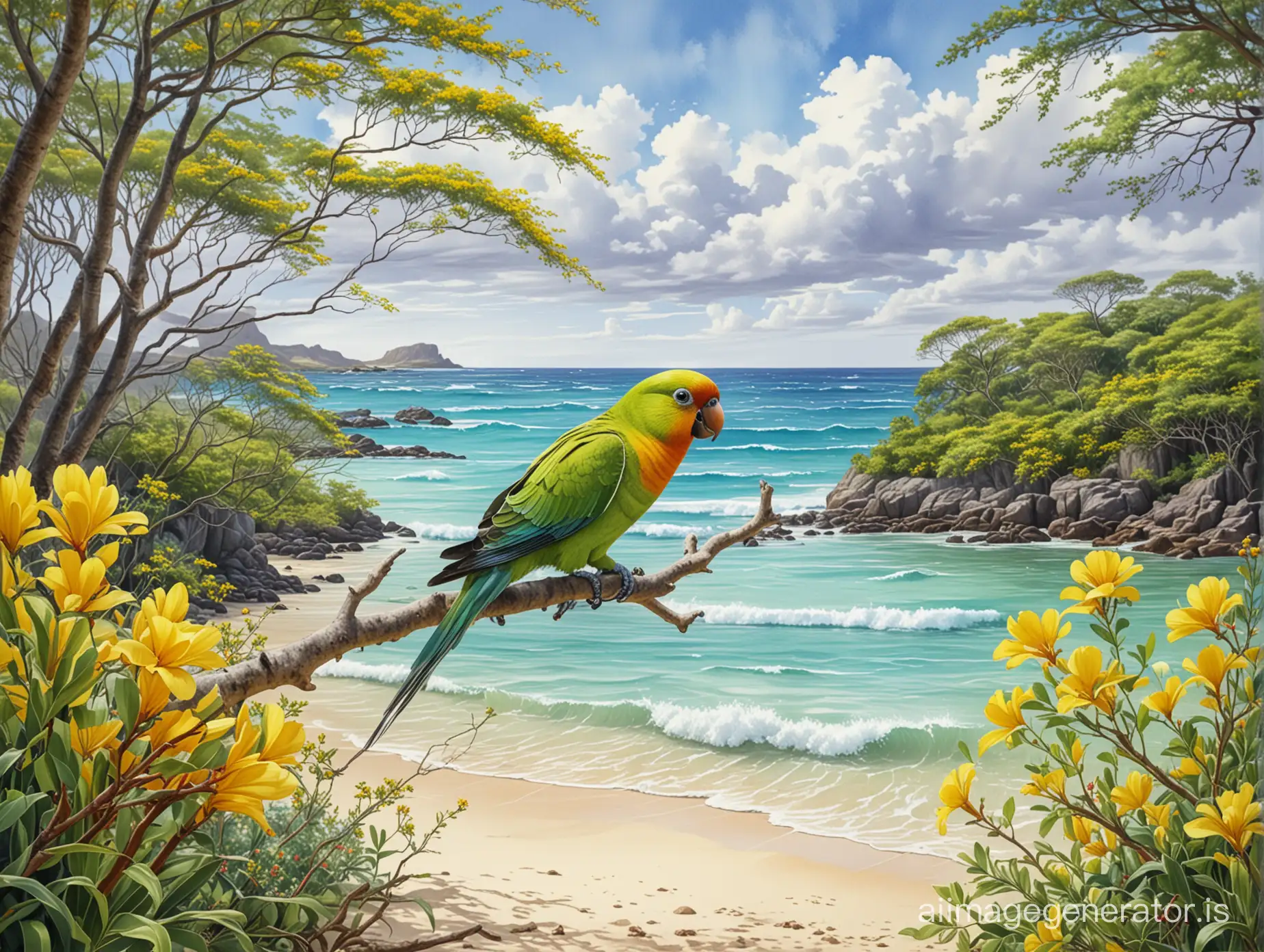 Mauritius belle mare beach  and waves landscape with a Mauritius echo parakeet bird with filao trees and branchesand a yellow wild flower, realistic photography, detailed painting,  watercolor, natural