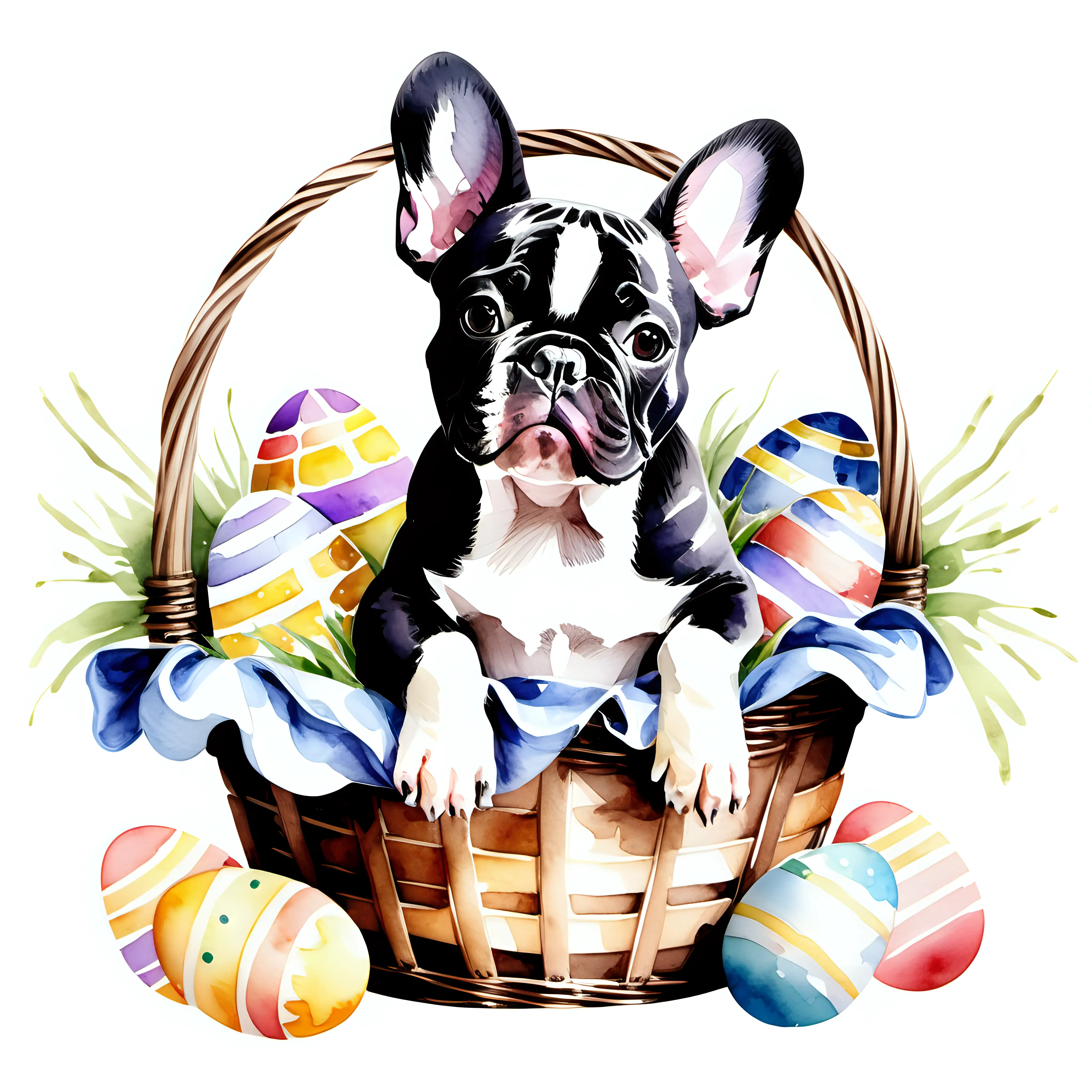 watercolor style, a french bulldog sitting in an easter basket on a white background.