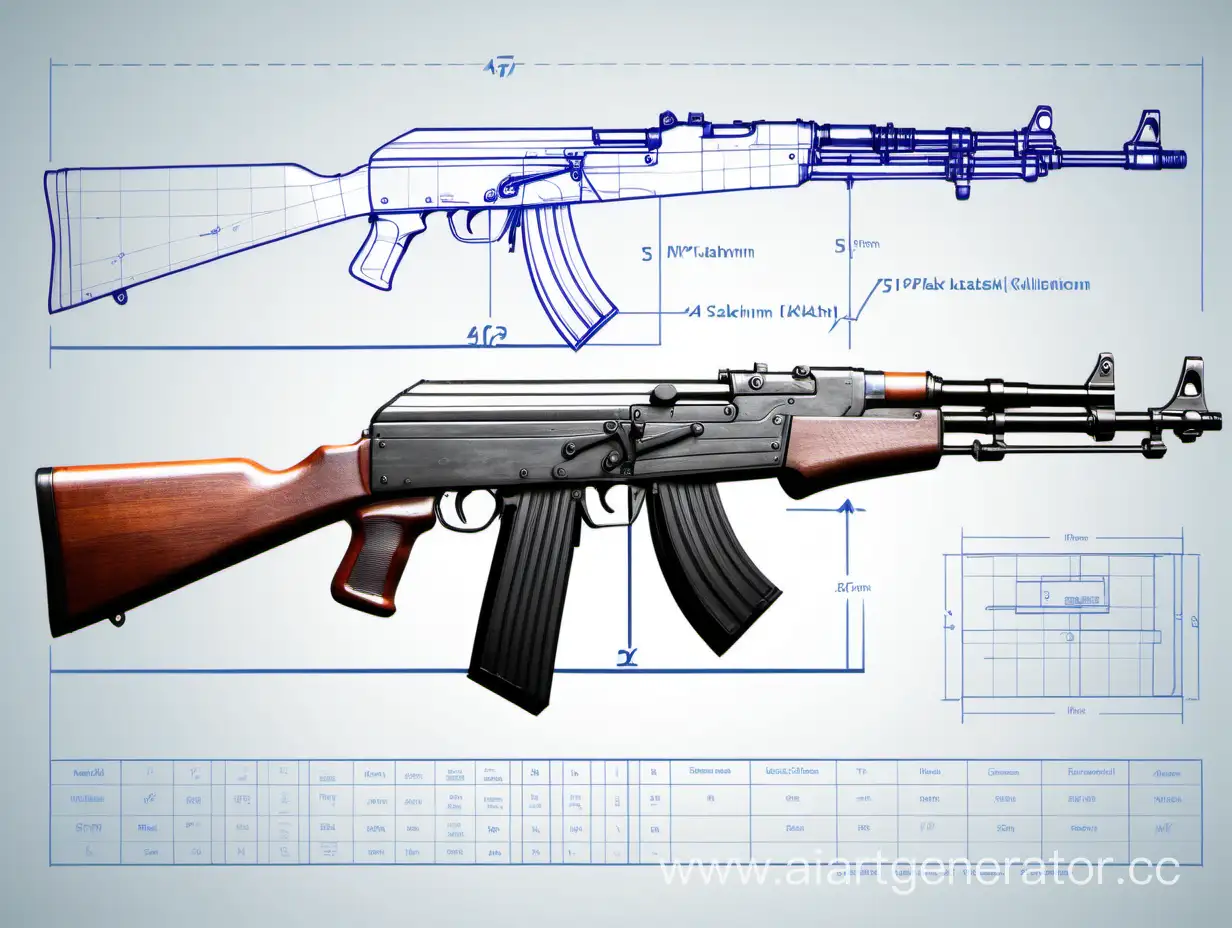 создай чертёж-схему  реального автомата калашникова 47 с реальными размерами на белом фоне