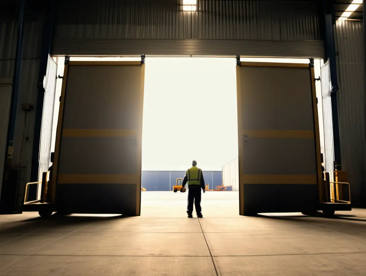 person opening up large doors to large warehouse early in the morning with morning light, fork lifts in the background
