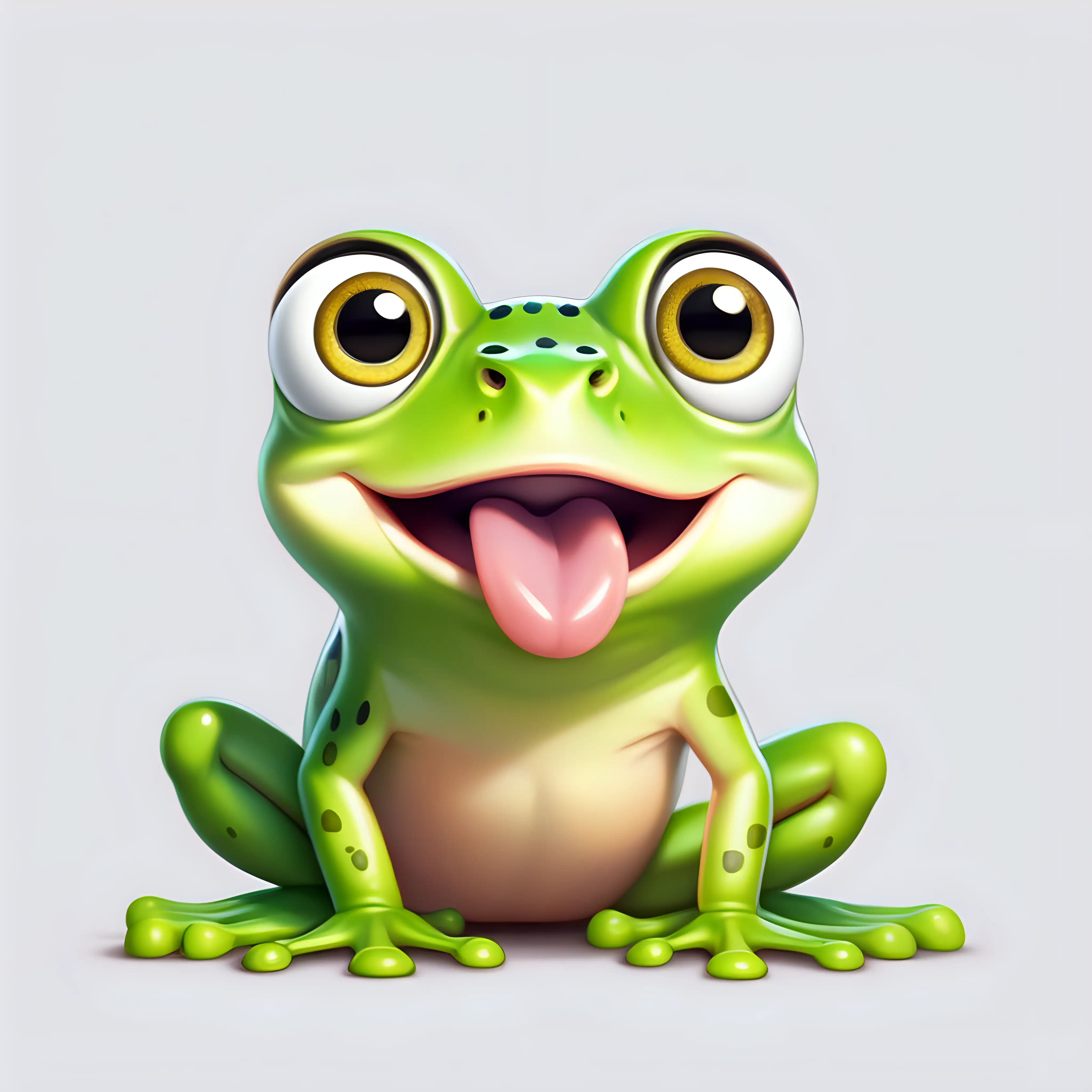 Generate a cute green frog, pixar carton style, tongue sticking out 