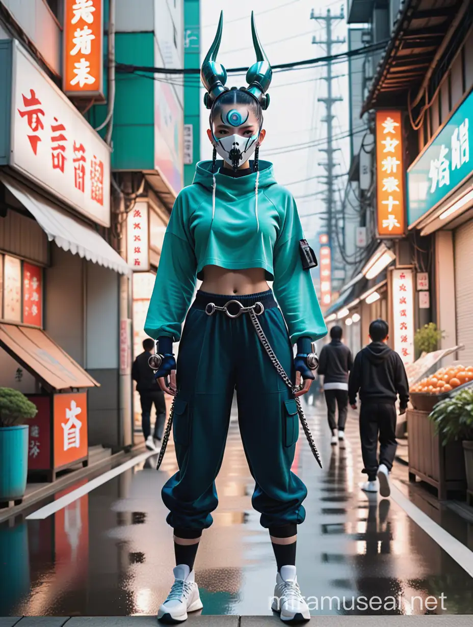 tall athletic muscular masculine cyberpunk samurai android robot, midnightblue topknot bun, horned teal oni mask, tongue stuck out, hi-tech wind gauntlets swords, sleek silver chassis armor, skull knocker kneecap kneepads, loose white streetwear hoodie, midnightblue shorts with chains, white 1980s high-top sneakers, menacing walk toward camera, dystopian japan, videogame animation character splash