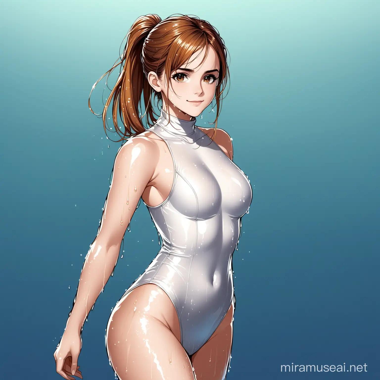 Emma Watson, Anime Girl, Glossy One Piece Turtleneck Swimsuit, Wet Hair, Ponytail, Seductive Smile, Gorgeous Womanly Body, Perfect Skin, Digital Art, High Definition