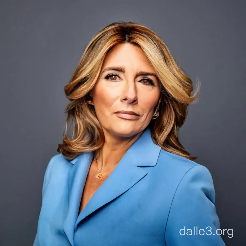 a former cnn anchorwoman carol costello wearing a blue suit and posing for a camera