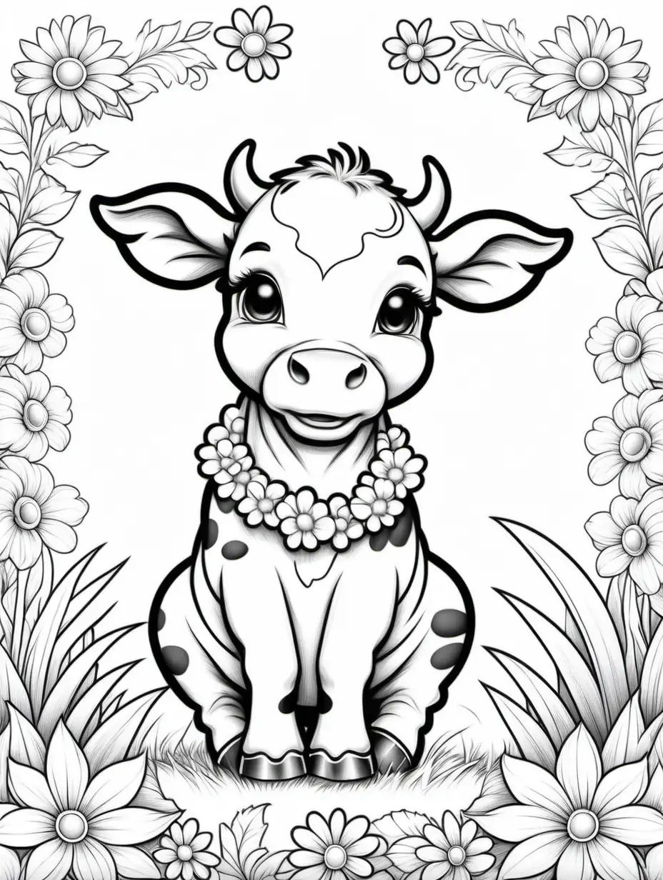 Adorable Baby Cow Coloring Page with Flower Border