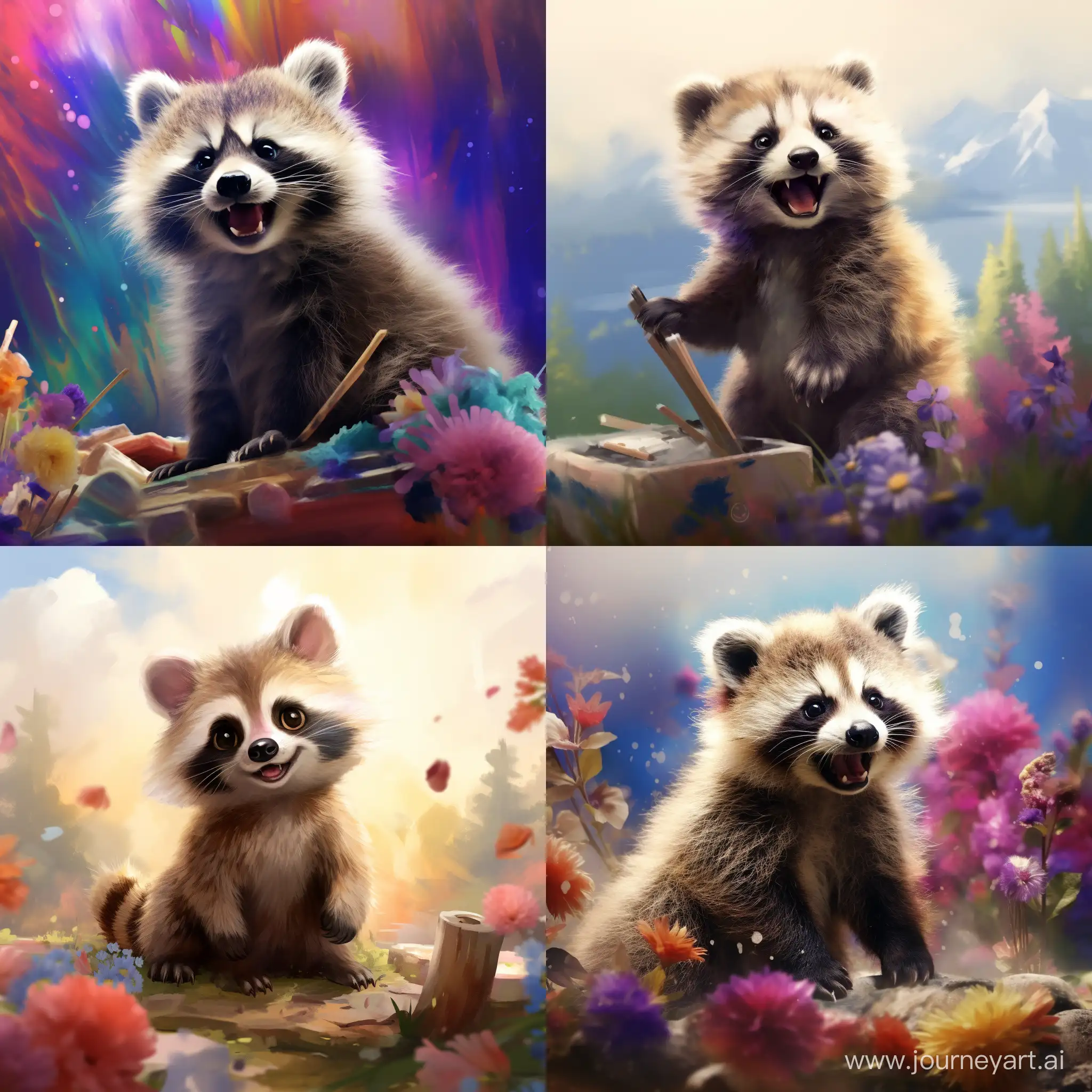 Adorable-Baby-Raccoon-Growling-in-Serene-Watercolor-Painting-Scene