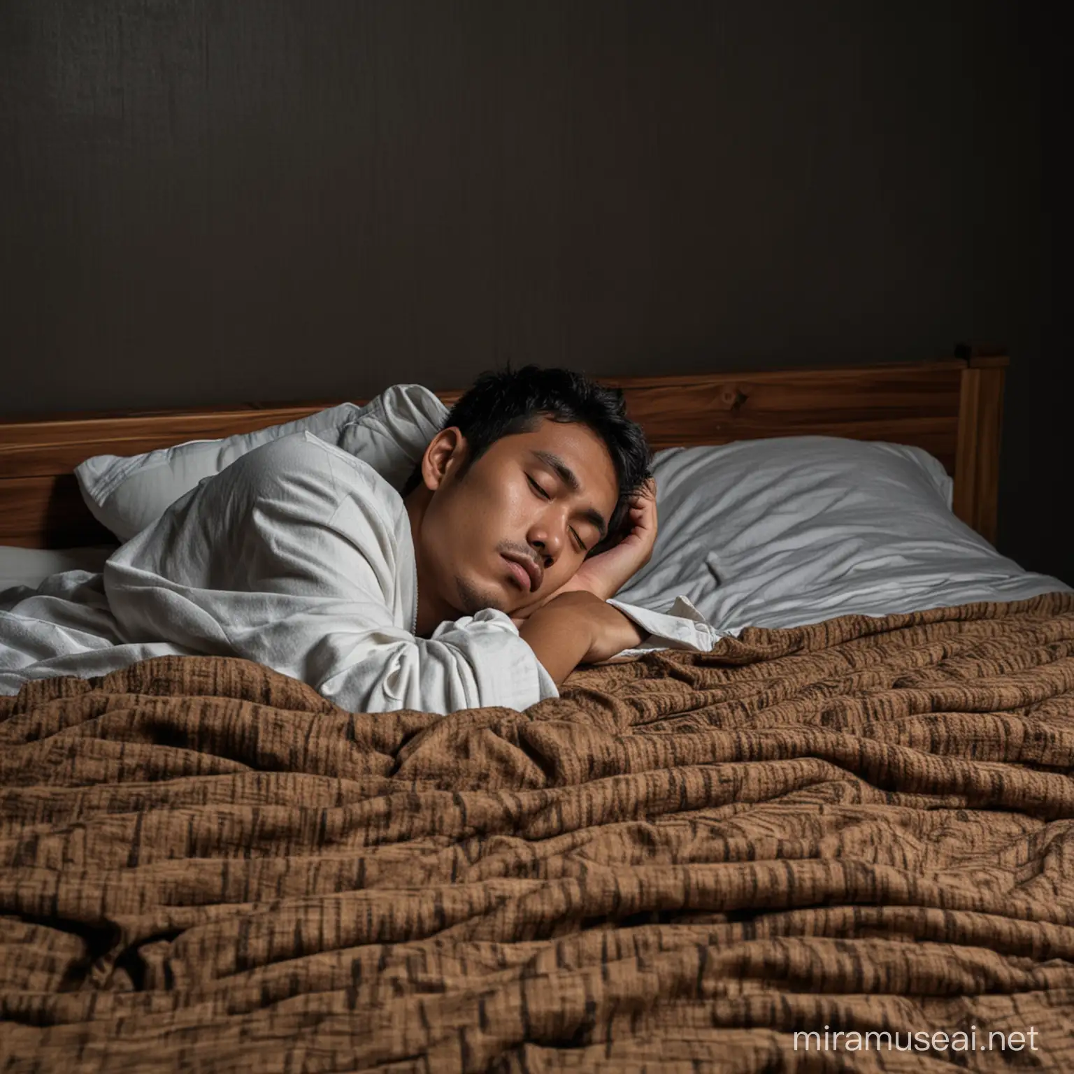 prompt: a young Indonesian man is sick, wearing a blanket, he falls asleep on a wooden bed, the background is dark. 