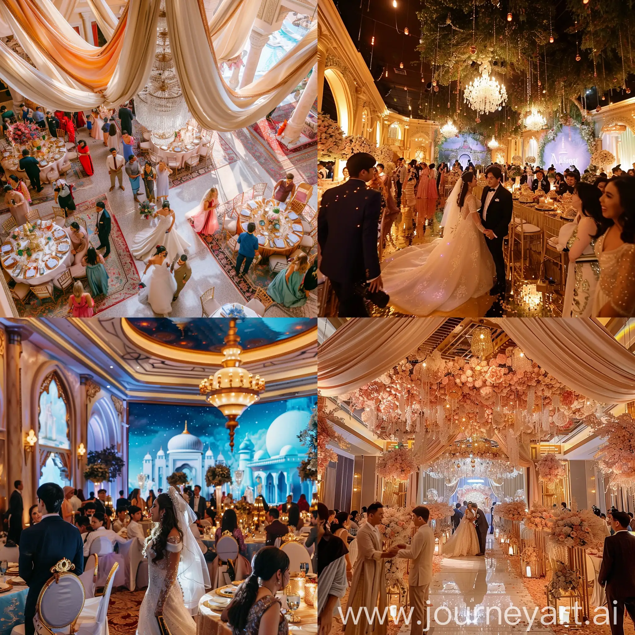 wedding hall with bride and groom, guests, the wedding theme is Aladdin