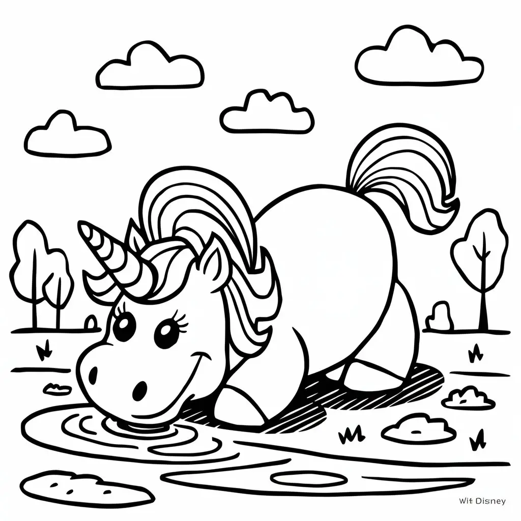 draw a funny unicorn drinking in the river, Walt Disney style, no colors, only white for coloring book. design must be suitable for children, use thick black lines, dominant color must be white