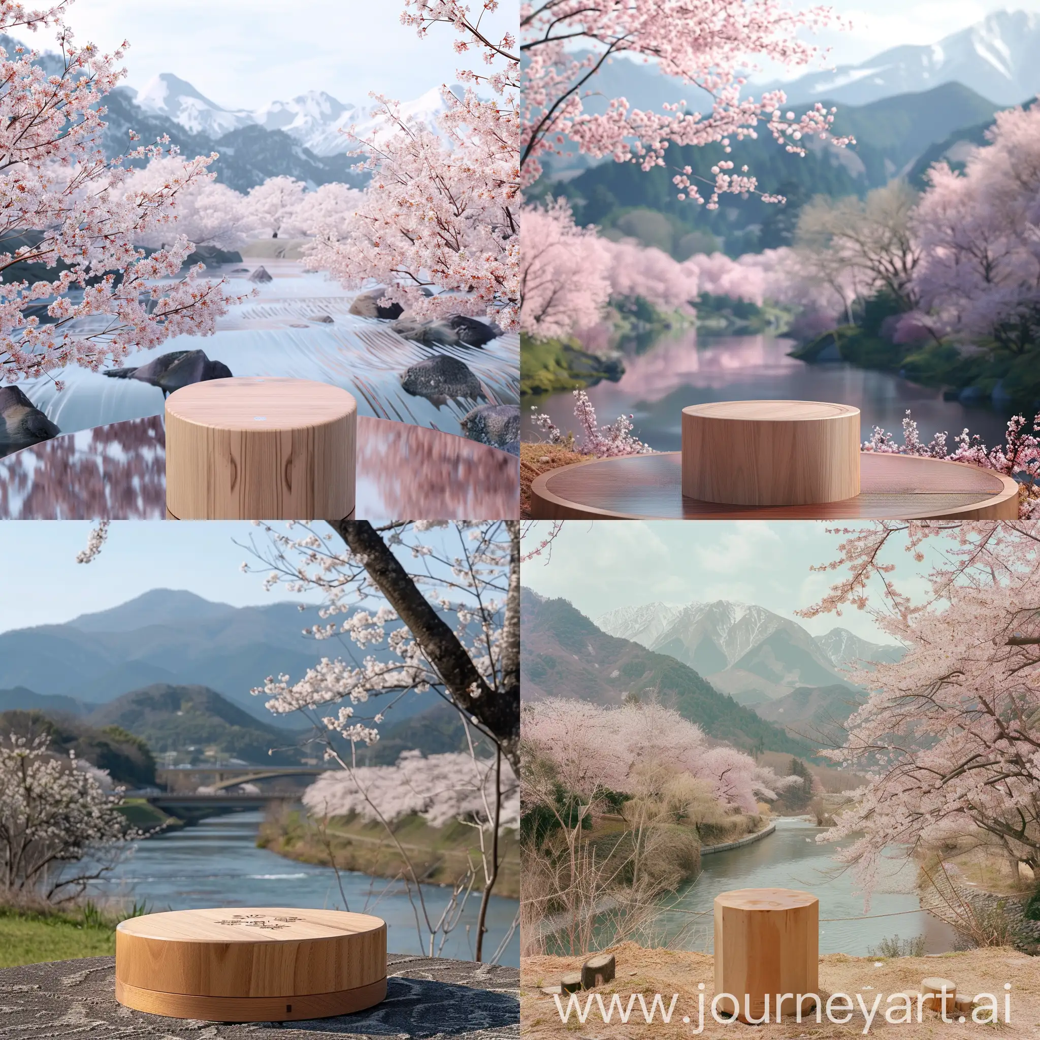 Japanese-Cherry-Blossoms-Landscape-with-Wooden-Podium