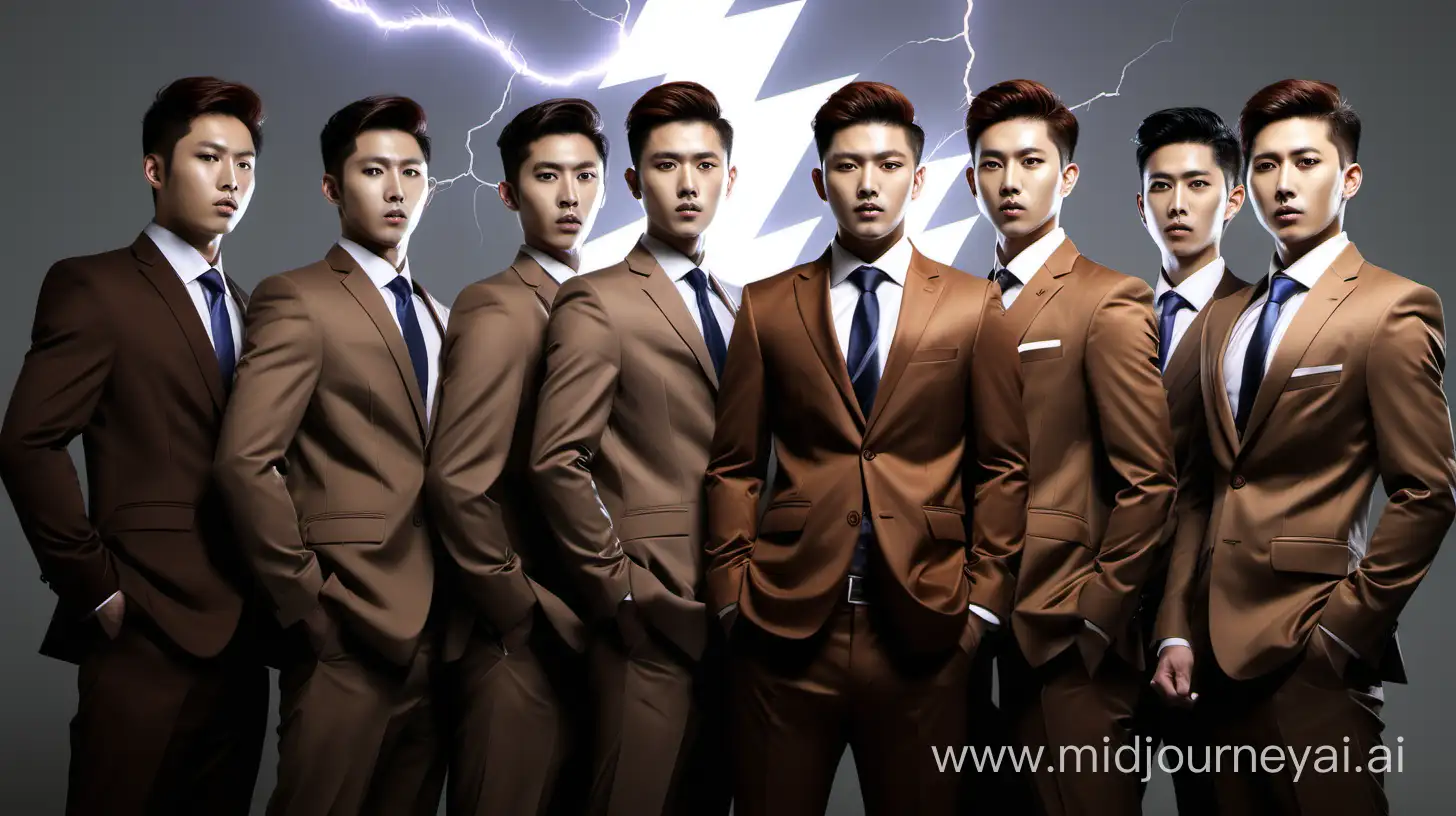 one colaboration,  banker,  suit, 5 person, brown, korea, background lightning, motivate, inspire