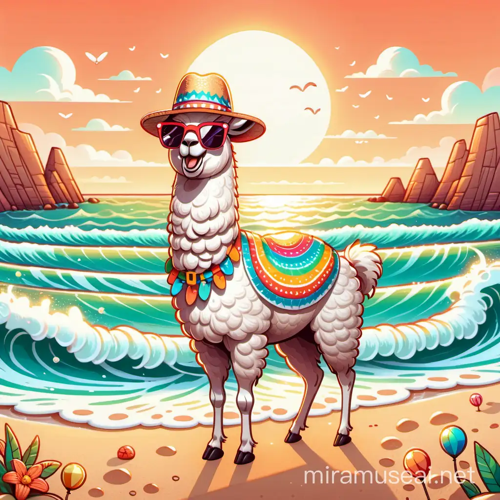 A delightful vector lineart illustration of a cute, happy llama enjoying the summer vibes. The llama is wearing a colorful summer hat and sunglasses, and is standing on a sandy beach with waves gently rolling in. There's a playful sun in the background, casting warm sunlight on the scene. The overall ambiance of the image is cheerful and fun, perfect for evoking the spirit of summer.

