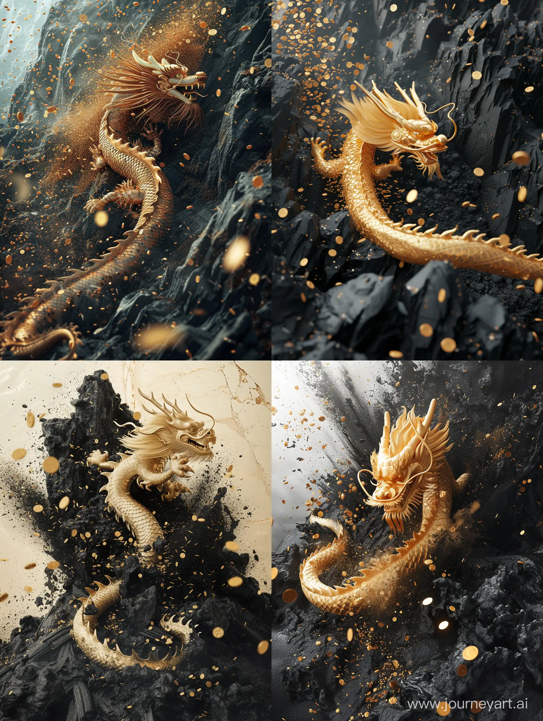 A golden dragon rushes out of a black coal mine, the coal mine is sprinkled with gold coins, Chinese New Year elements, realistic details, OCtane