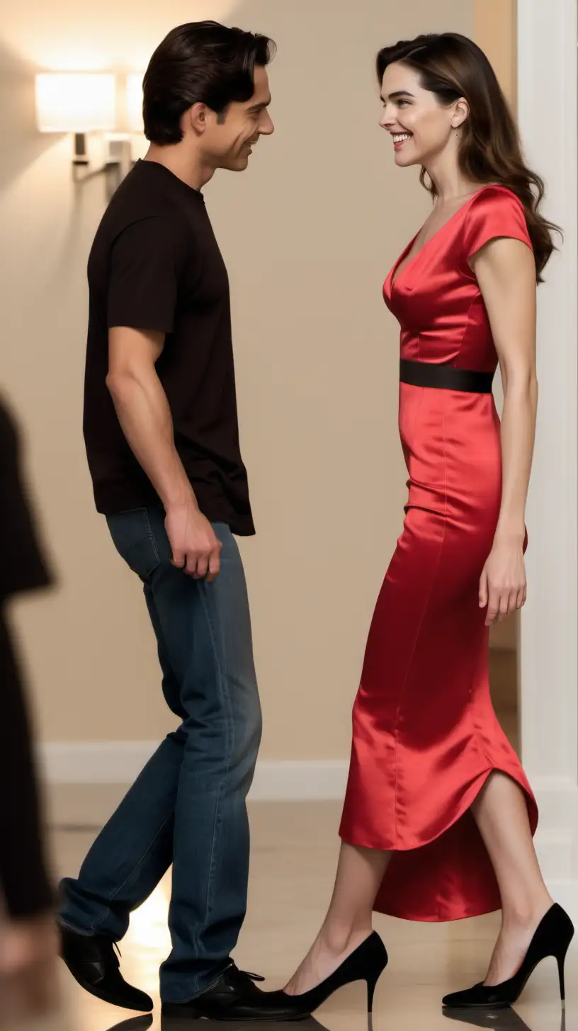 vue dynamique de face, dans salle de réception très très bien éclairée, a couple flirt. The woman is Amelia Heinle visage jeune cheveux long bruns foncé, regarde amoureusement et sourire radieux, robe très luxueuse rouge vif en satin stretch soyeux et escarpins noir. The Andean man is a 18-year-old with a slightly rounded face, dark brown eyes, short styled hair, dressed tshirt blanc et jeans et baskets noir