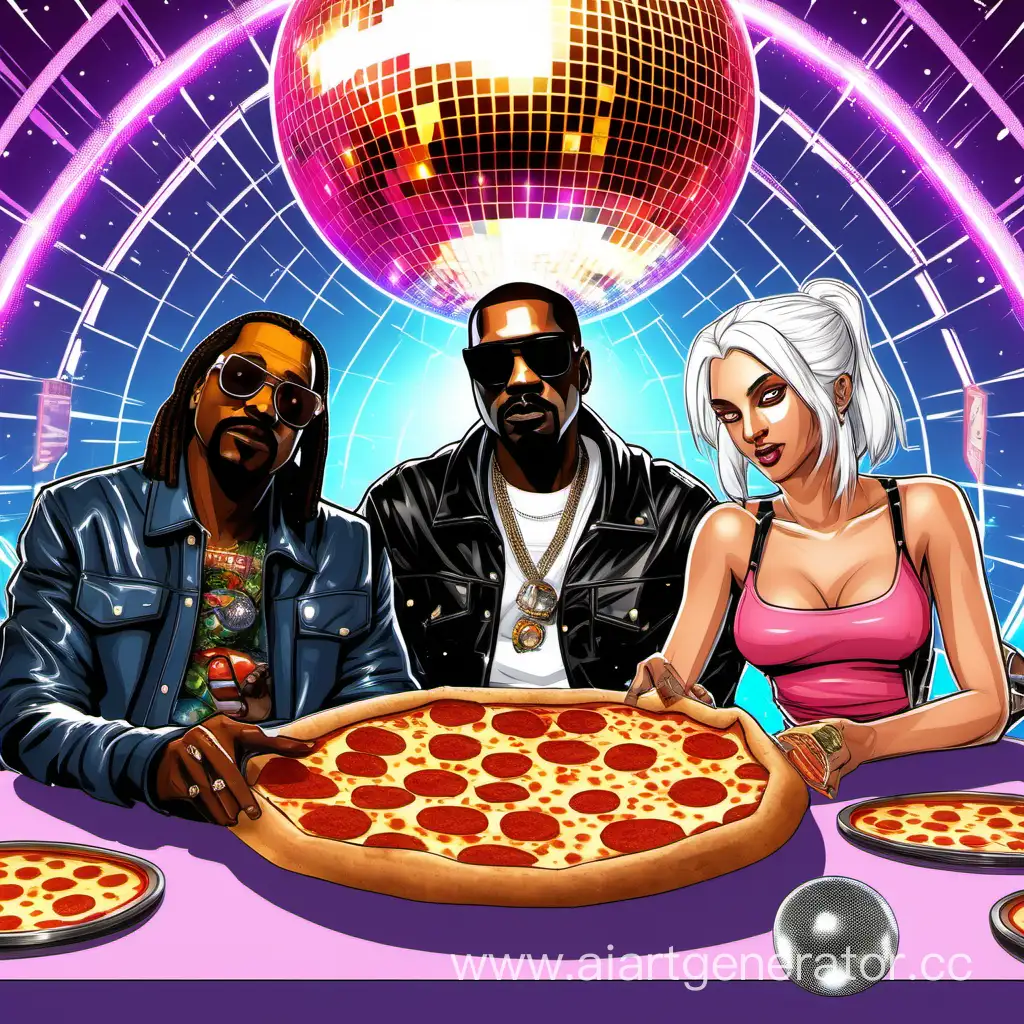 3 people: rapper Kanye Wеst, rapper Snoop Dogg, girl Ciri from the witcher 3, eat pizza under the disco ball