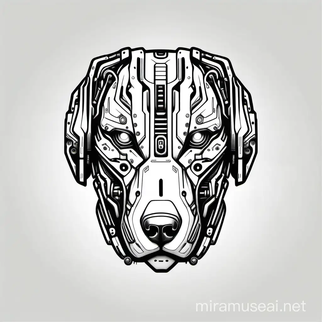 Cyborg Dog Head Illustration in White and Black with Simple Lines on White Background