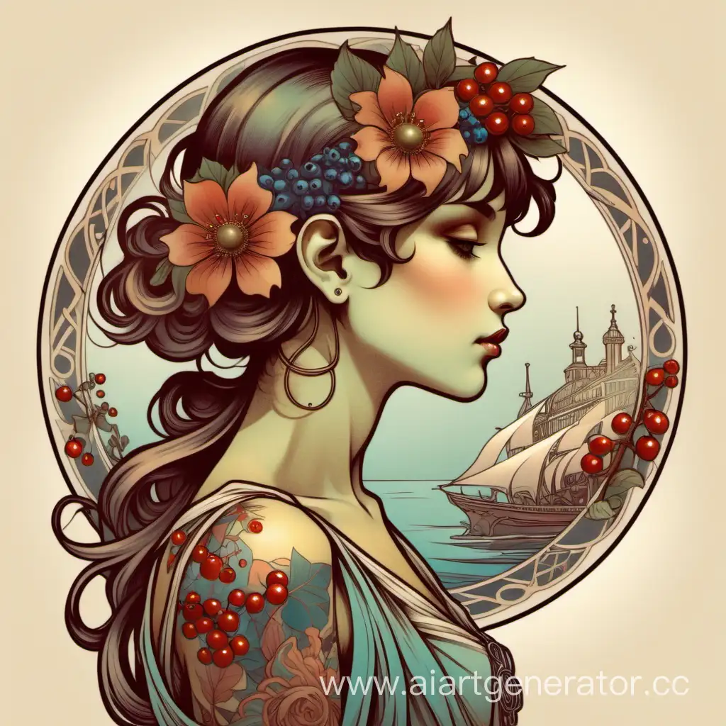 Девушка в профиль в стиле Альфонса Мухи, на голове цветы и ягоды, на руке татуировка, сзади корабли 