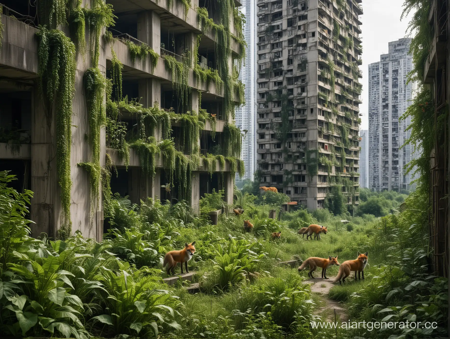 An abandoned high-rise city covered with plants, where a family of foxes walks around