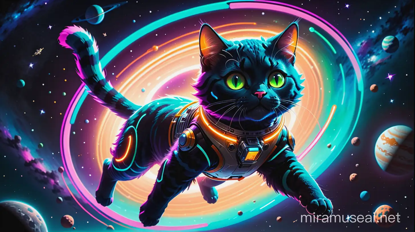 a gigantic neon space kitty floating in outer space