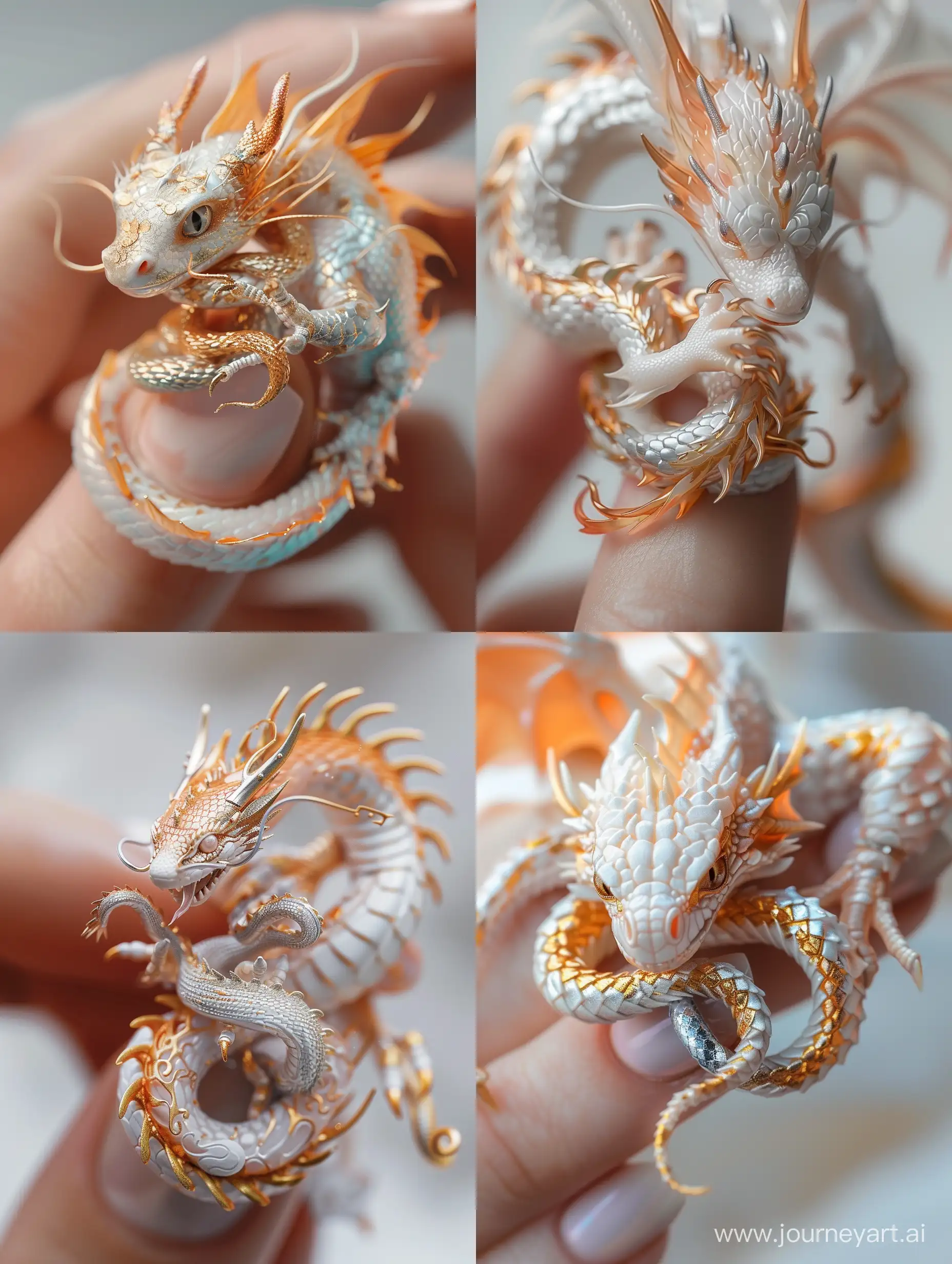 create image: close-up, miniature dragon with gold and silver snakes around a woman's finger, in the style of realistic hyper-detailed portraits, light white and light orange, realistic hyper-detail, magewave, precisionist lines