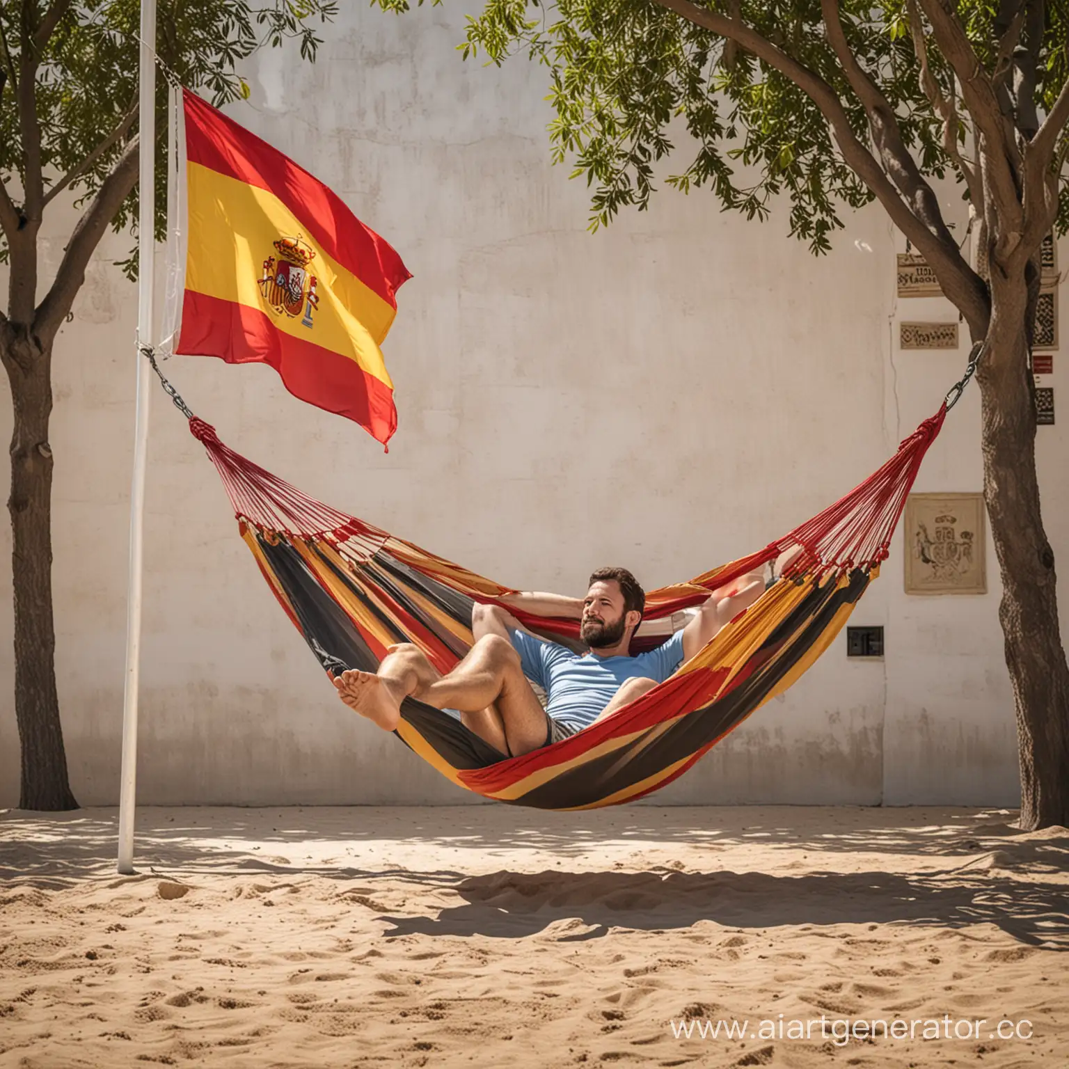 мужчина отдыхает в гамаке на фоне испанского флага