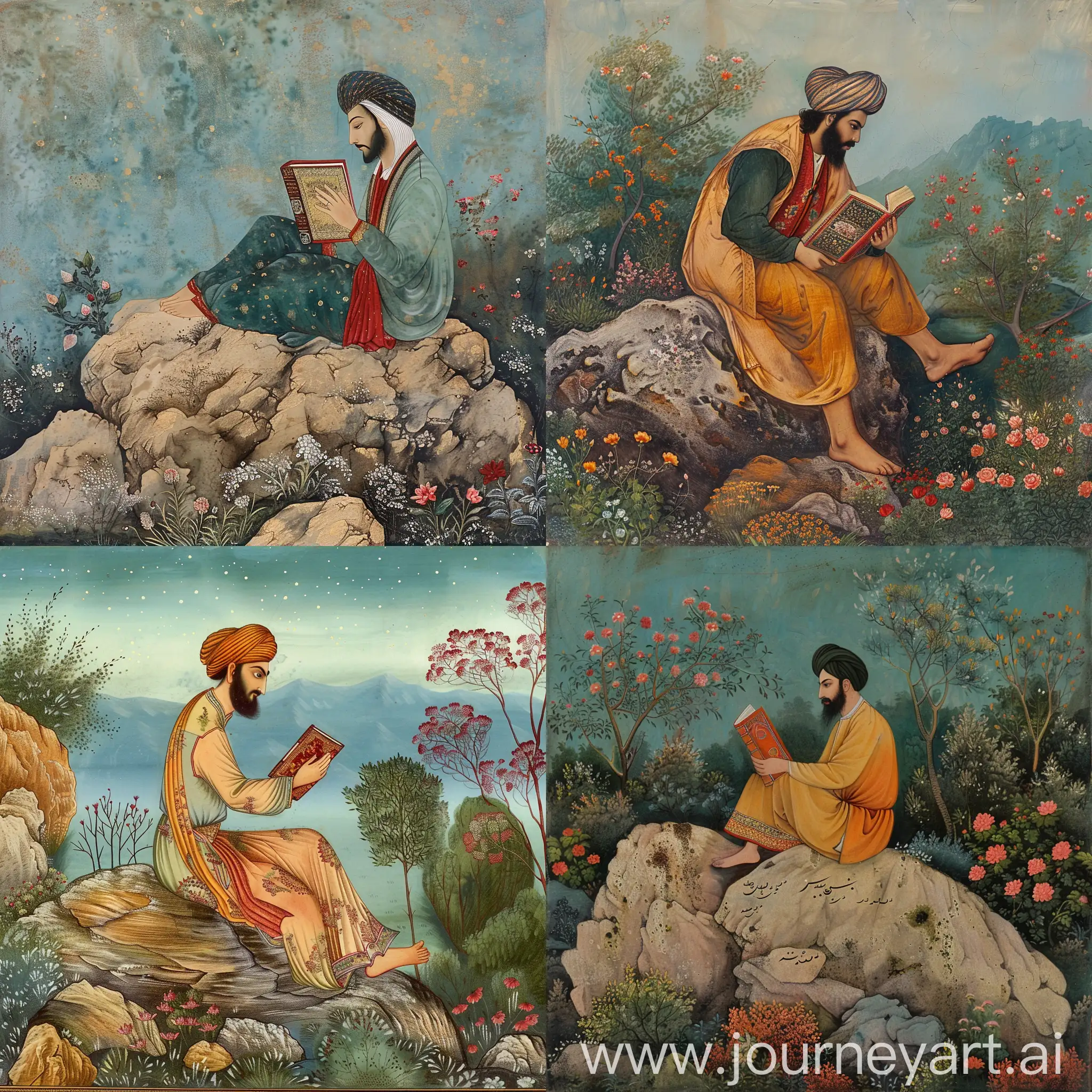 Persian Miniature painting Ferdosi on a rock holding book in nature  , iranian style