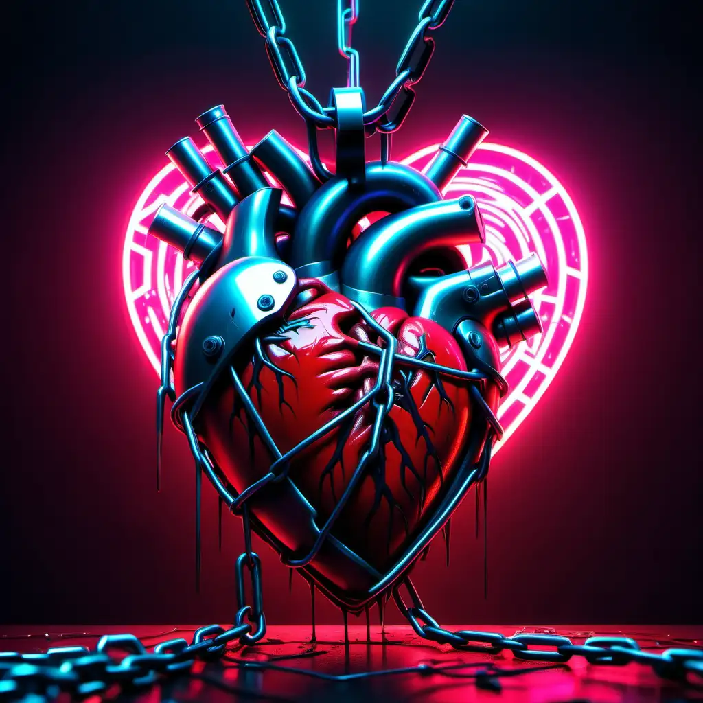 realistic heart in chains bleeding in neon cyberpunk setting