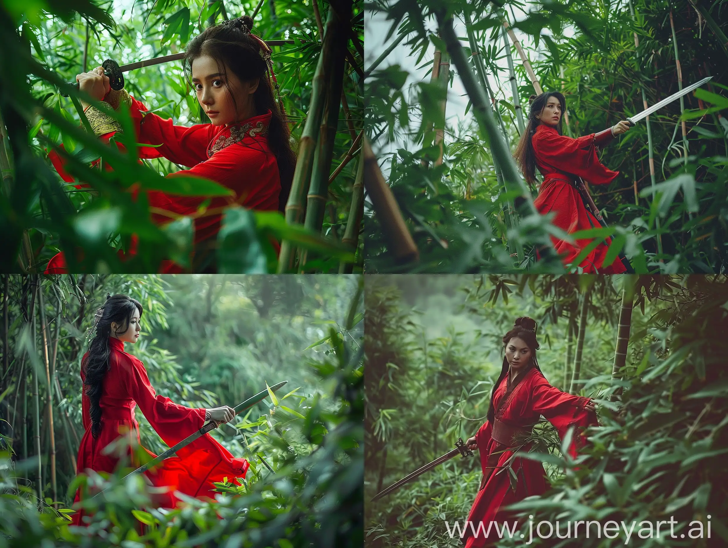 一个中国红衣女侠客，手里拿着中国剑，站在竹林的顶端，周围是翠绿的竹林，在等待一场战斗的开始，电影感
