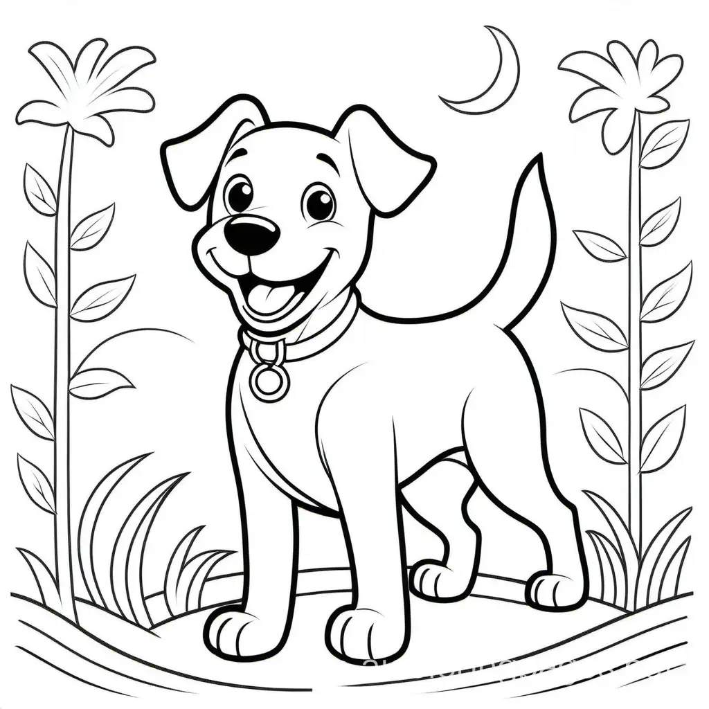 happy dog, Coloring Page, black and white, line art, white background, Simplicity, Ample White Space. The background of the coloring page is plain white to make it easy for young children to color within the lines. The outlines of all the subjects are easy to distinguish, making it simple for kids to color without too much difficulty