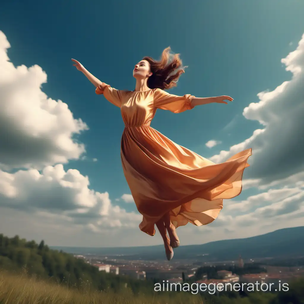 A beautiful lady flying in the sky in the nice dress. Behind her and excellent nature, landscape. She is breathing and happy. Realistic. Cinematographic.