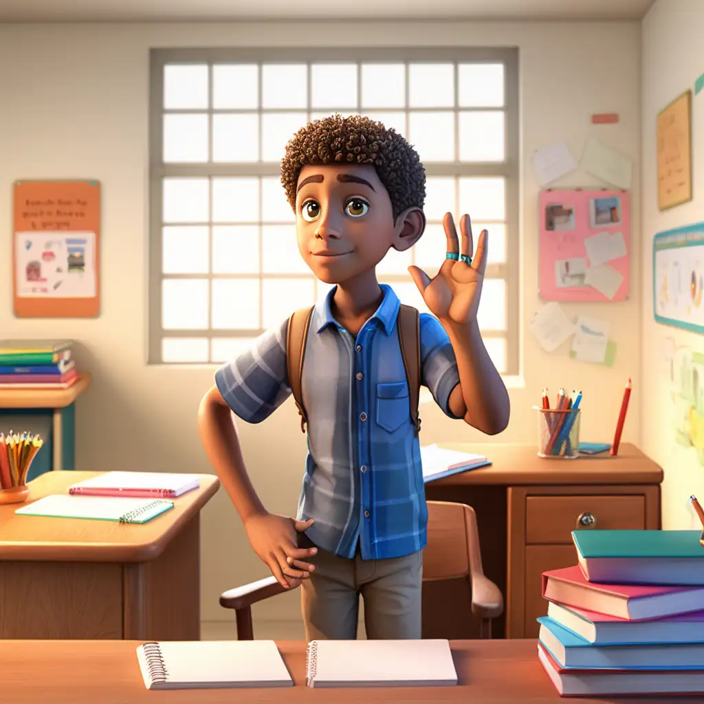 Create a 3D illustrator of an animated scene of a student standing in front of his desk, appearing engaged and focused, raises the hand to respond to the teachers question, the atmosphere suggest a thoughtful moment with the student contemplating the question before providing the insideful answer. Beautiful and spirited background illustrations.