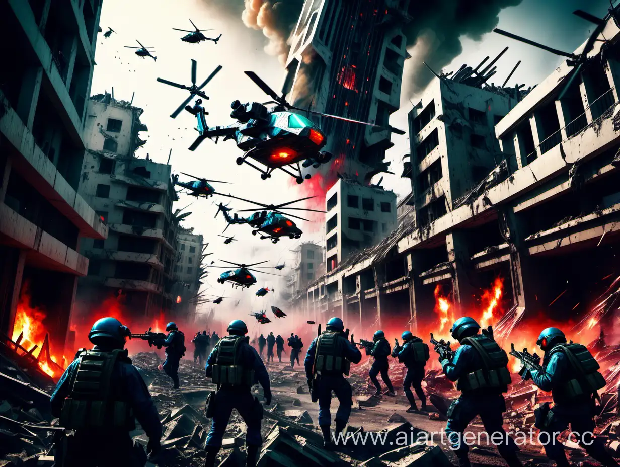 Futuristic-War-Scene-with-Destroyed-City-and-Soldiers-in-Bright-Colors