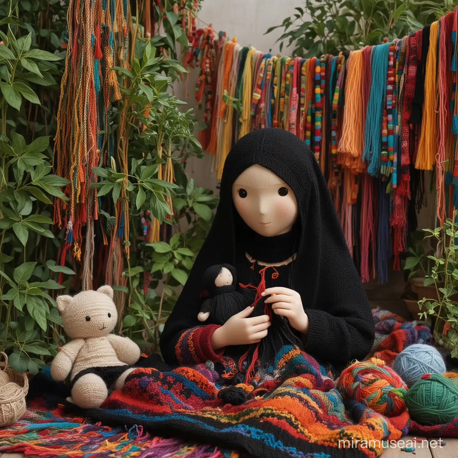 یک دختر چادری با چادر مشکی با چهره نیم رخ که بین کاموا های رنگی و عروسک های بافتنی نشسته است و درحال بافتنی هست و در دستش کاموا و قلاب هست و محیط سرسبز هست 