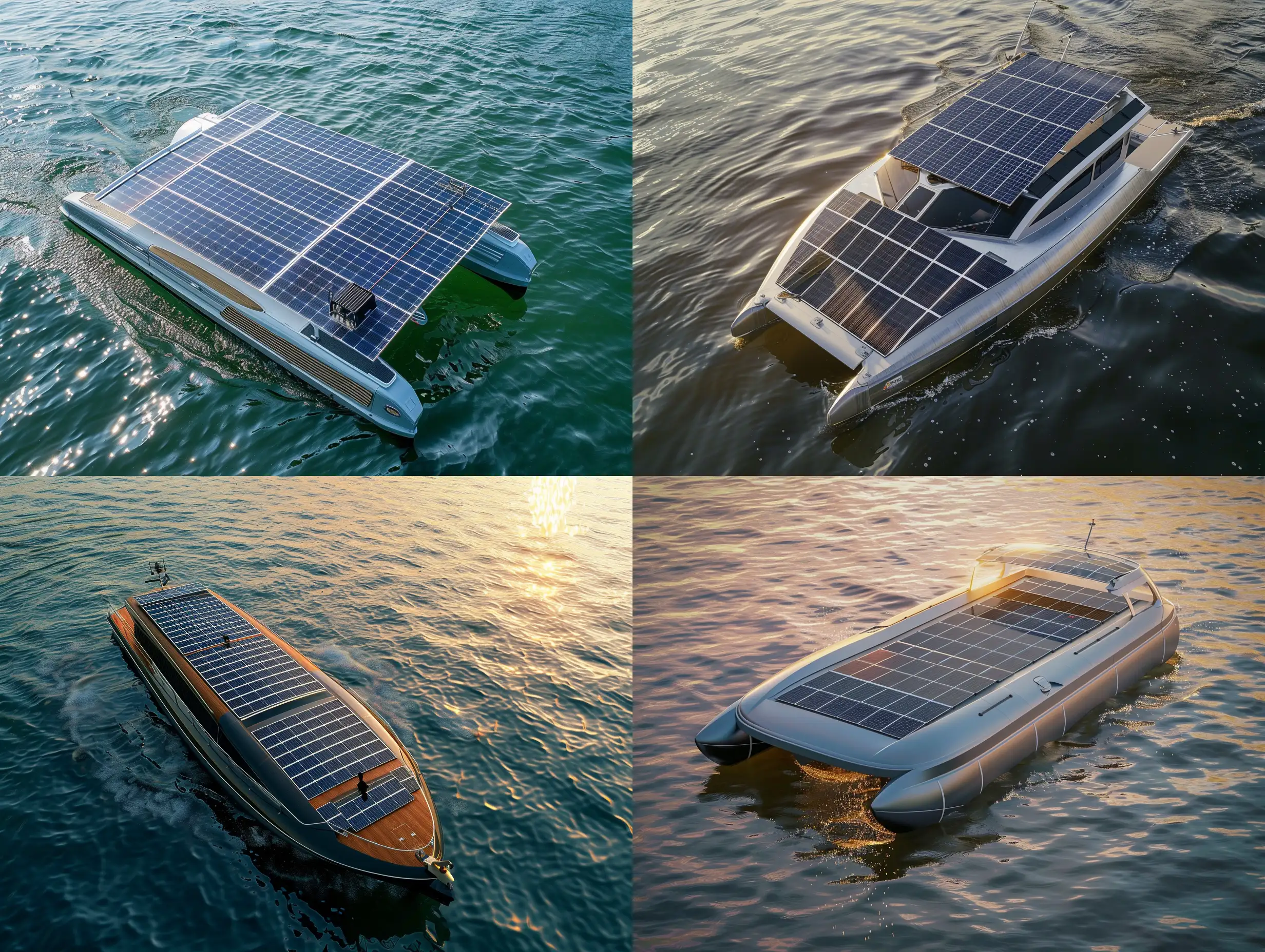 Barco de recreo con paneles solares en el techo. tiene que estar en medio del agua y debe verse el barco desde arriba, como a vista de dron. Tiene 4 paneles solares instalados. Tiene que ser una imagen realista.