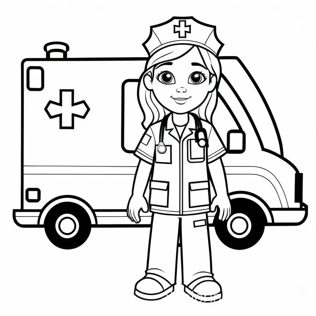 paramedic, Coloring Page, black and white, line art, white background, Simplicity, Ample White Space. The background of the coloring page is plain white to make it easy for young children to color within the lines. The outlines of all the subjects are easy to distinguish, making it simple for kids to color without too much difficulty