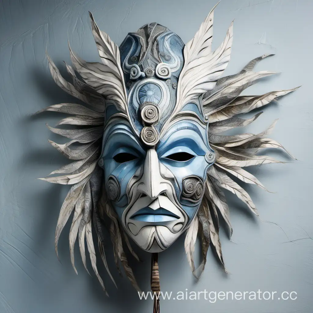 Необычная интерьерная маска Дух ветра, со множеством деталей и фактур, белого, голубого, синего и серебряного цвета