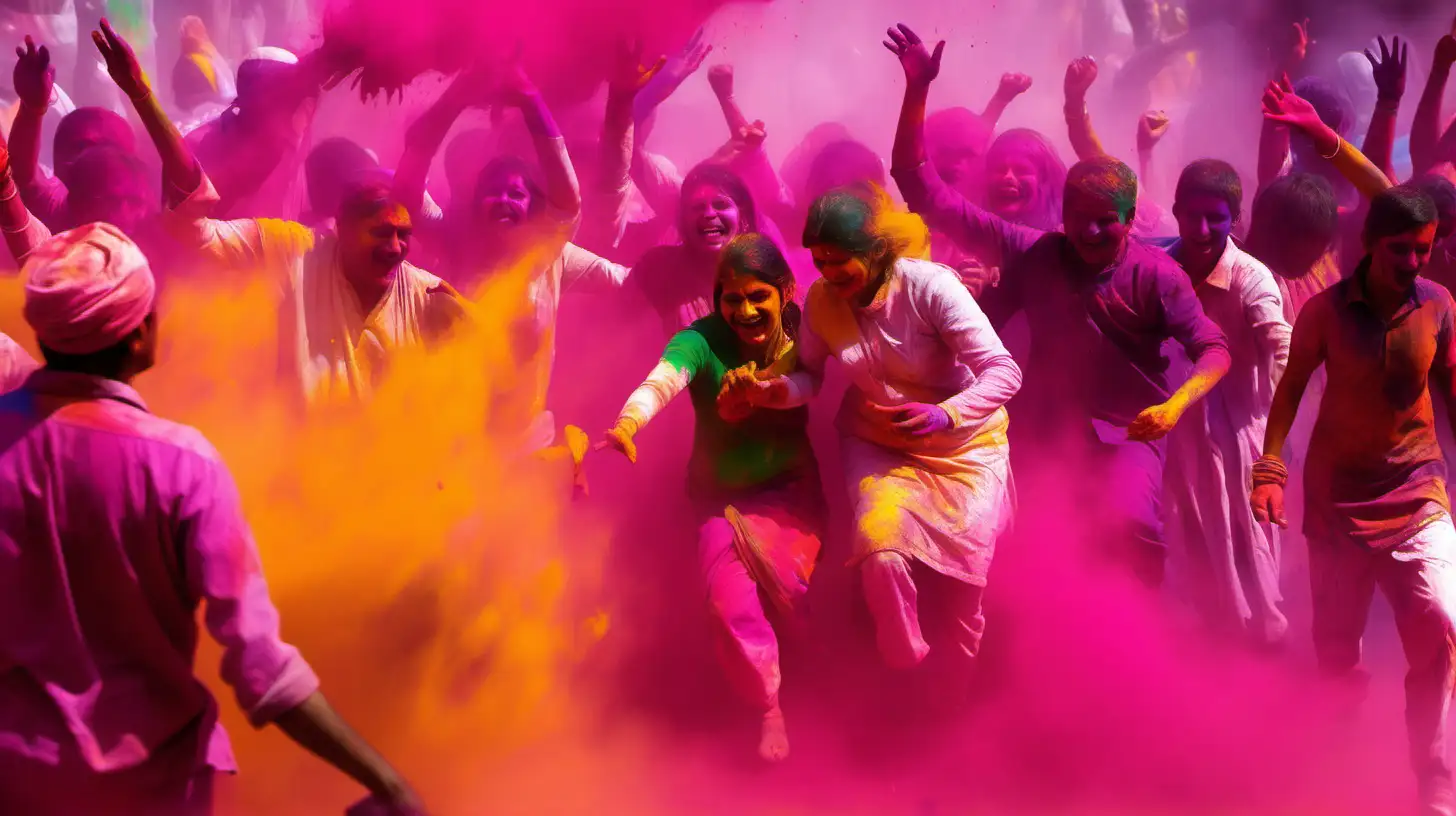 "Craft an image capturing the vibrant colors and energetic dances of a traditional Indian Holi festival, with people joyfully celebrating the arrival of spring."