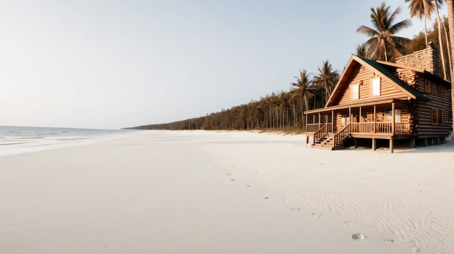 2 story log cabin on a huge beach. White sand, some trees around, campfire