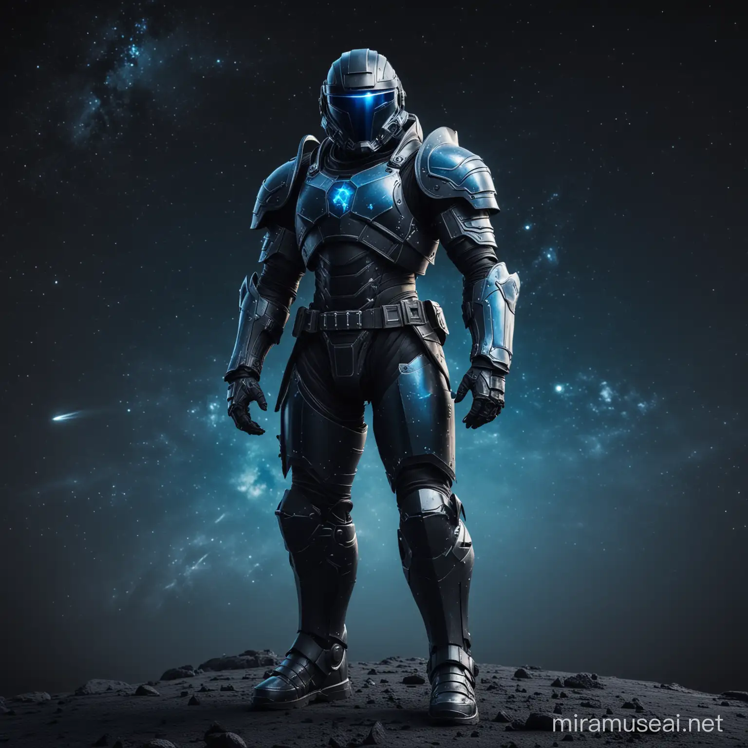 black space soldier knight slim full length smooth armour standing on dark planet space background blue shades