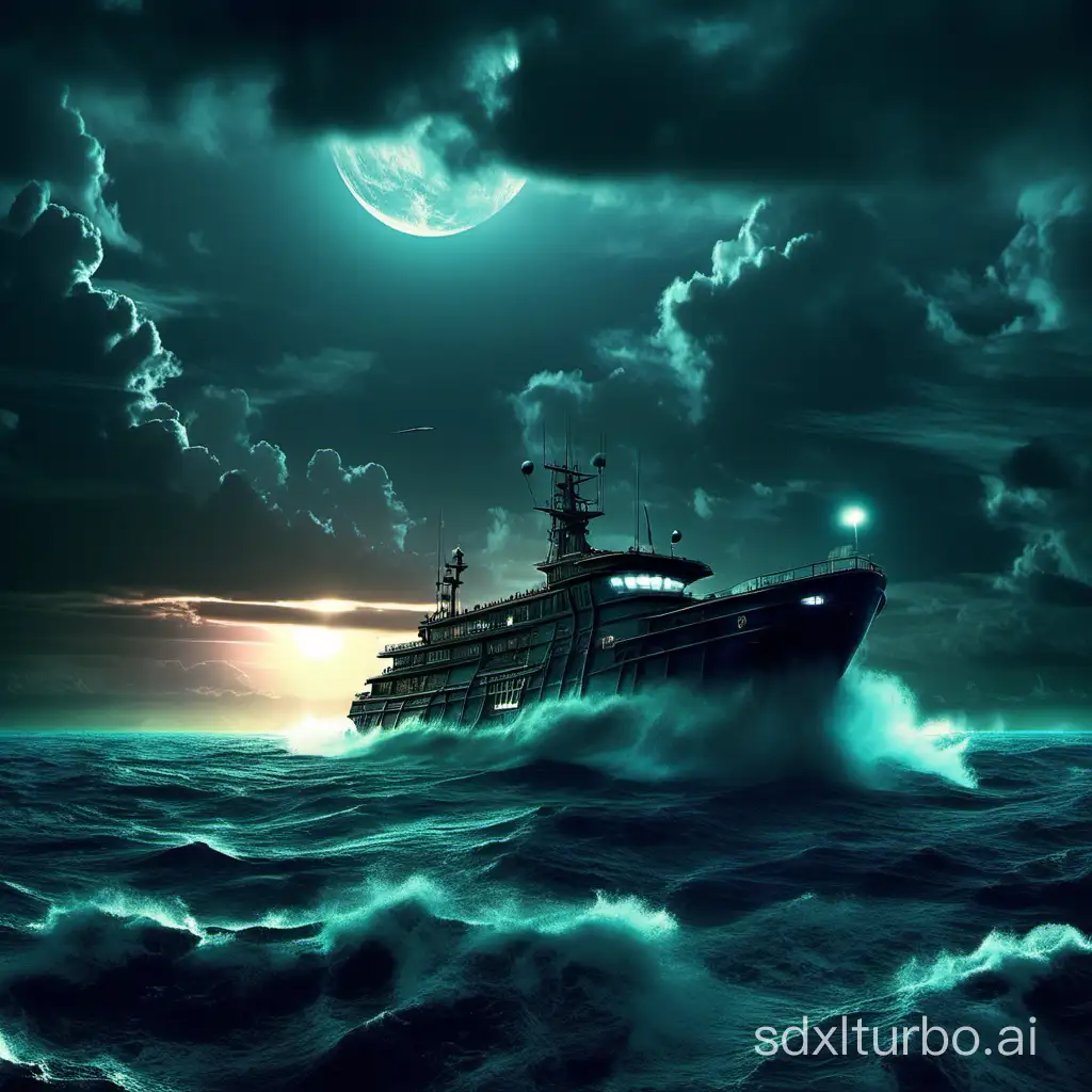 Deep sea, science fiction, high-definition, dusk, cloudy, boat