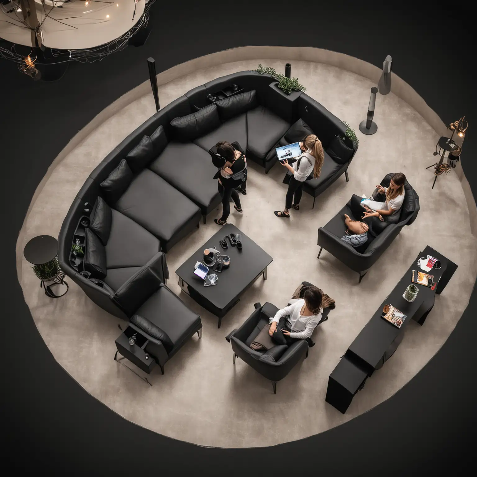 Virtual Reality Lounge Top View of People Interacting with Black Furniture