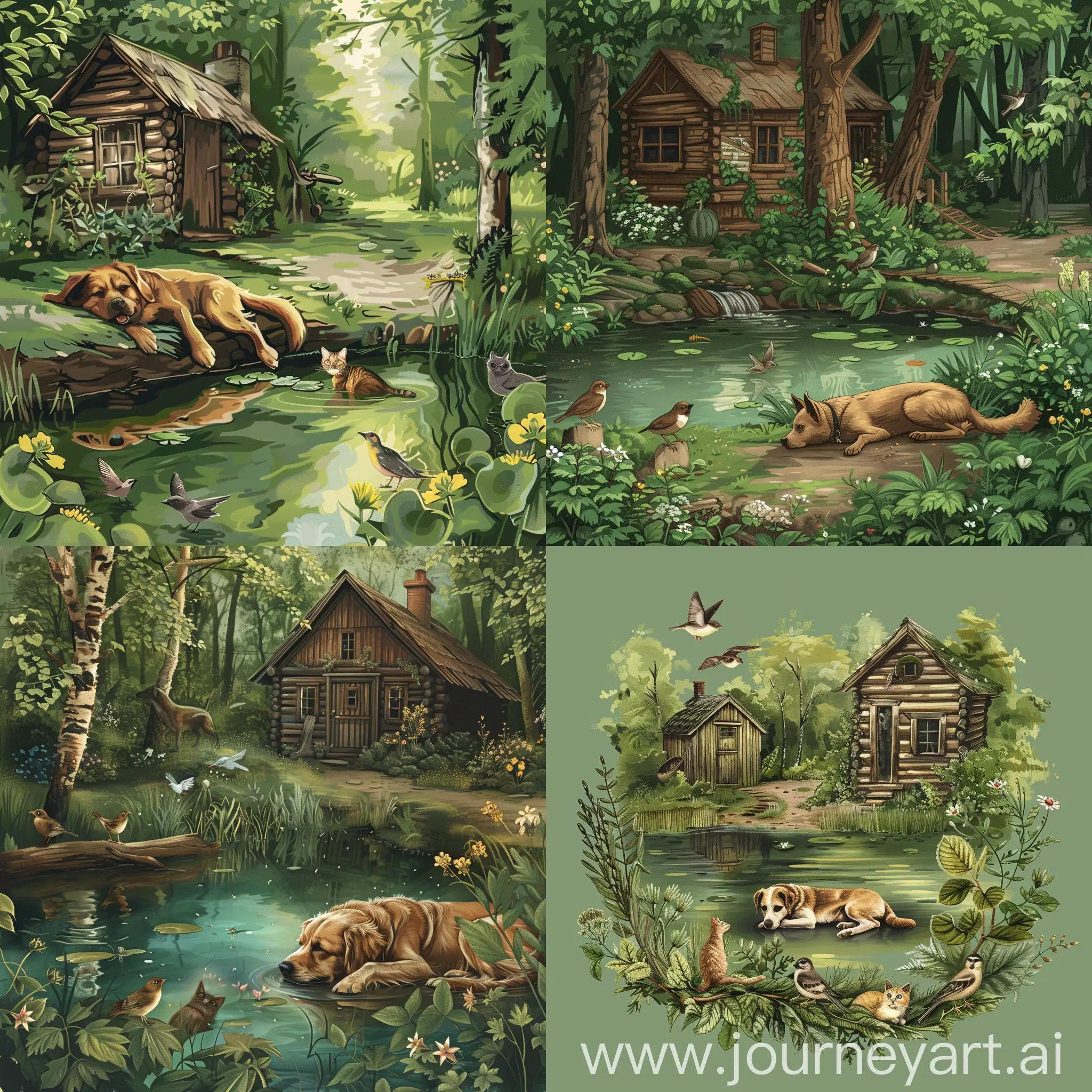 "I intend to create an NFT design using artificial intelligence. The type of image is digital painting and digital collage art.  Description of my desired design: The image I have in mind for this NFT is of a dog resting by a pond, surrounded by greenery, birds, a cat, and a wooden cabin. It symbolizes peace, tranquility, and harmony with the environment. The dog represents loyalty and intimacy, while the pond symbolizes serenity and tranquility. The cat and birds symbolize life and interdependence among animals in the environment, and the wooden cabin symbolizes the connection between humans and nature, and a simple, natural life. My goal is to sell to those who support environmental protection and animal rights, as well as those who participate in conferences and seminars related to animal rights.  The color pattern I have in mind for this design includes the following: Natural Green: 