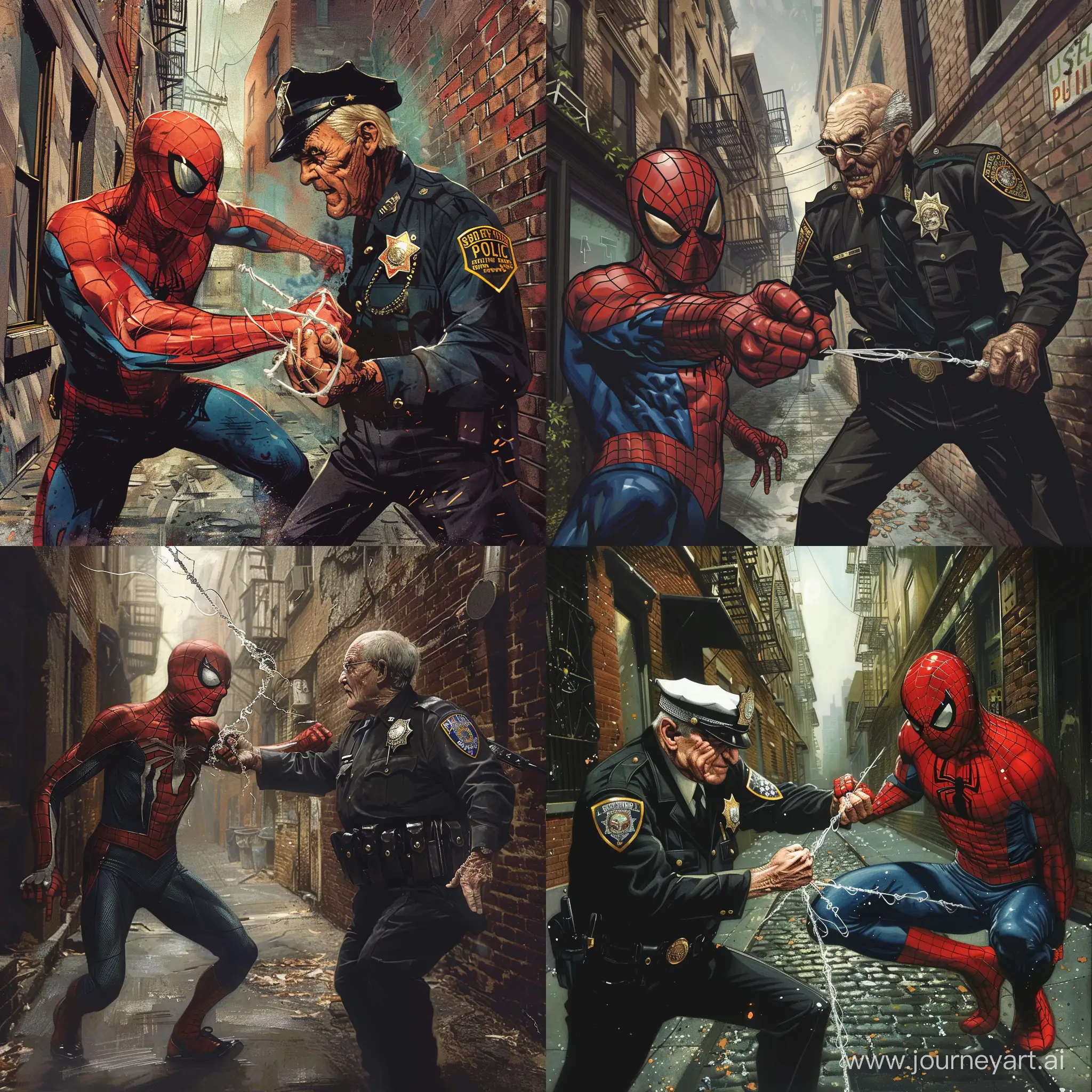 spiderman punched by an elderly policeman in an alley