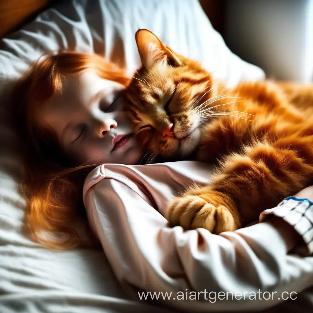 маленькая девушка спит на боку лежа на огромных кошачьих рыжих лапах. Мягкий свет, мягкость и уют, тепло, доброта