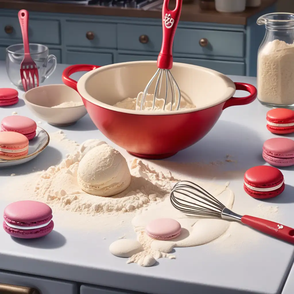 top of a kitchen table, with a mixing bowl with a flour mixture inside, a wisk with the mixture on the side, a red spatula, broken macarons, in a Disney animation style
