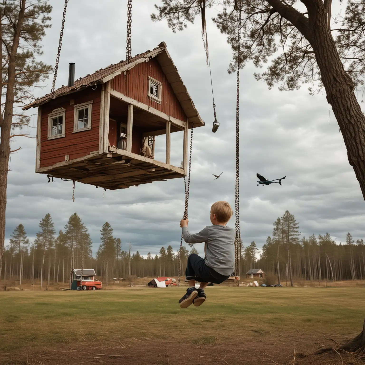 Swedish youth boy in a swing with a scary flying house in the background