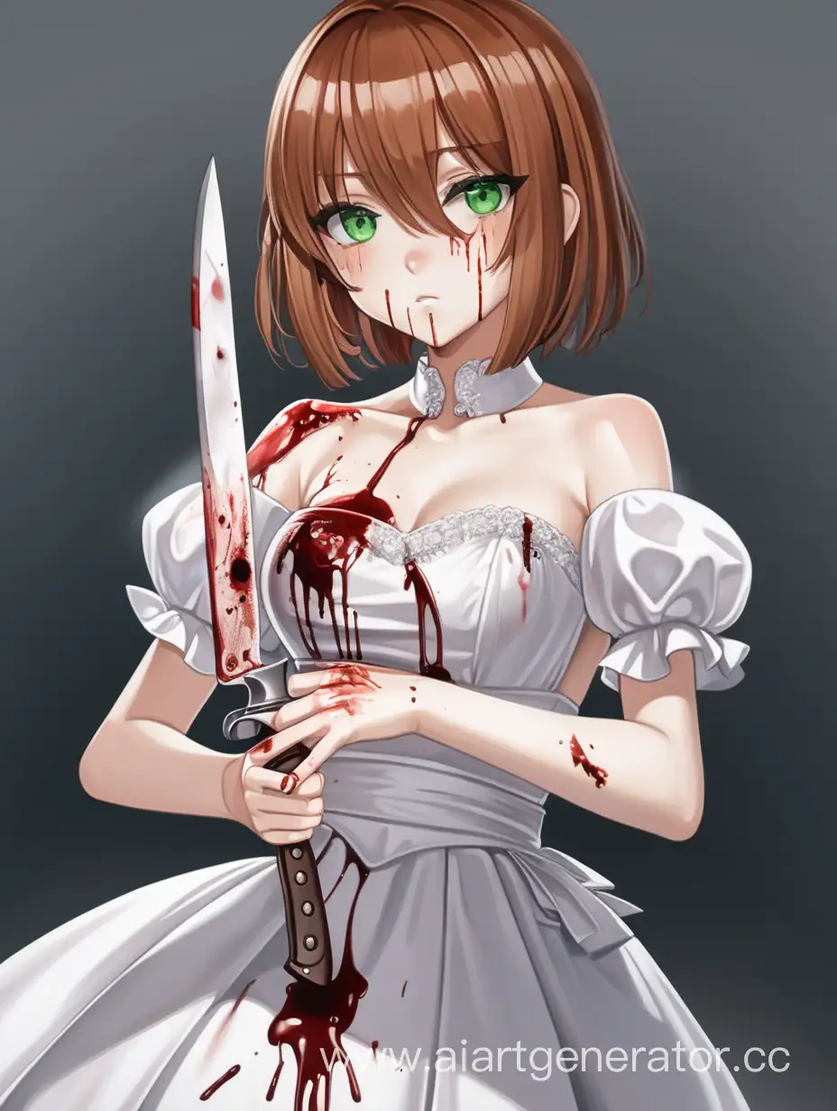 Anime girl, height 170 centimeters, chestnut hair, bob hairstyle, green eyes, dressed in a white wedding dress, holding a bloodied knife in her right hand