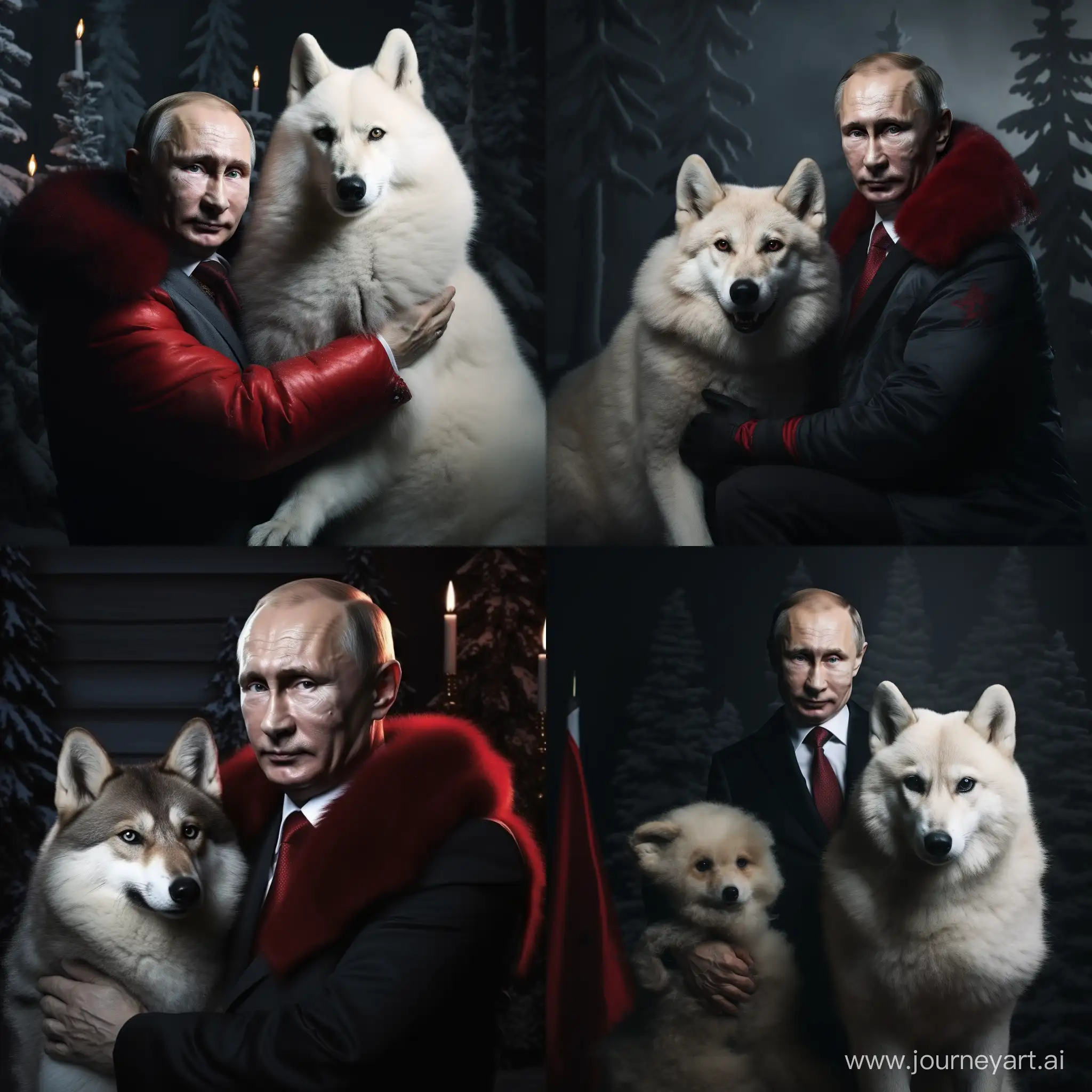 Vladimir-Putin-in-Santa-Hat-with-Baby-Arctic-Fox-Festive-Elegance-in-a-Dark-Winter-Scene