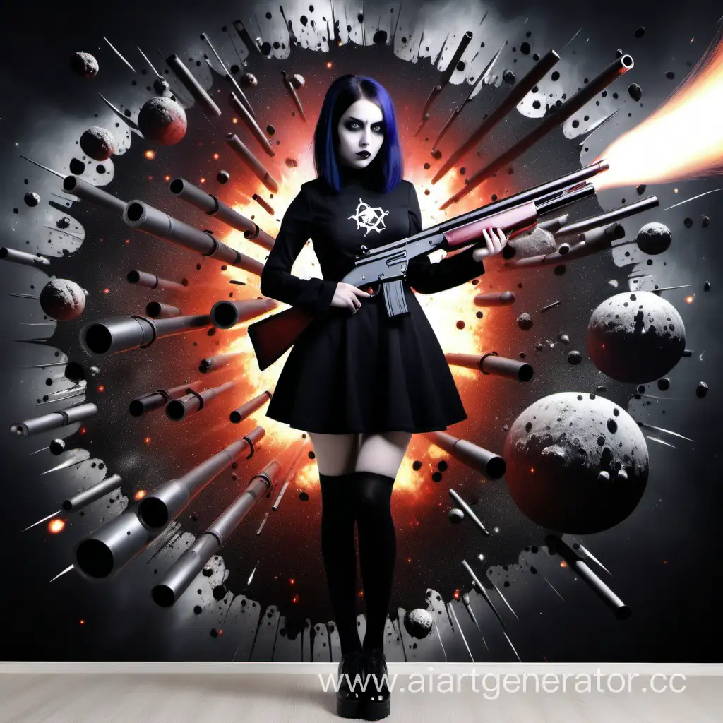 2 meter goth girl with shotgun atomic explosion background
